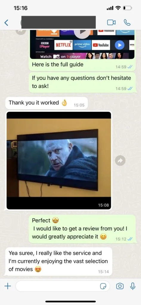 Spark IPTV customer WhatsApp message feedback screenshot 1